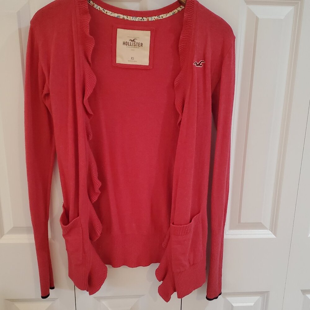 Hollister sweater cardigan hot pink XS ruffle trim